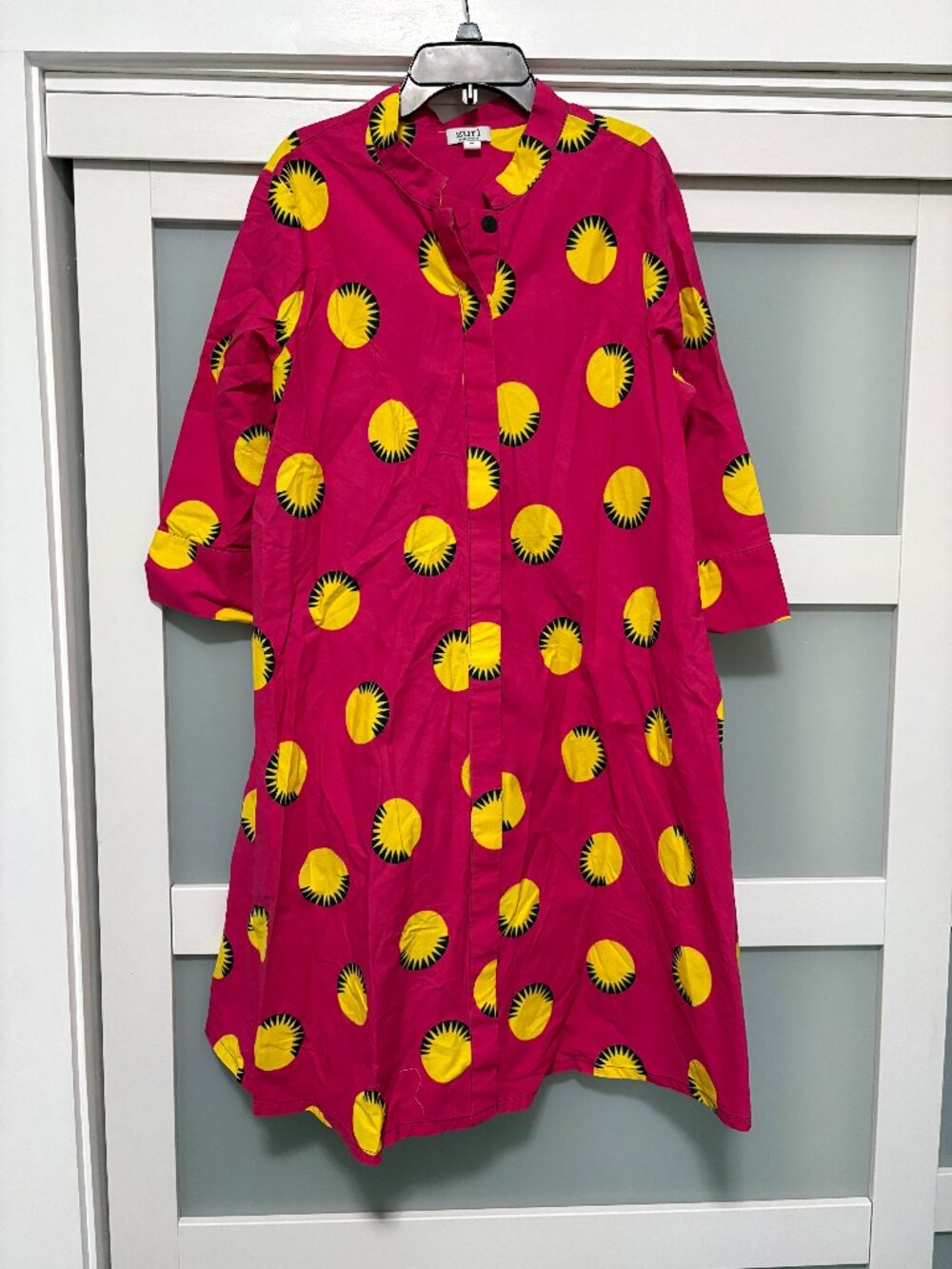 Zuri Kenya Bright Pink Yellow Sun Ladies Dress sz M 3/4 Shirt Dress